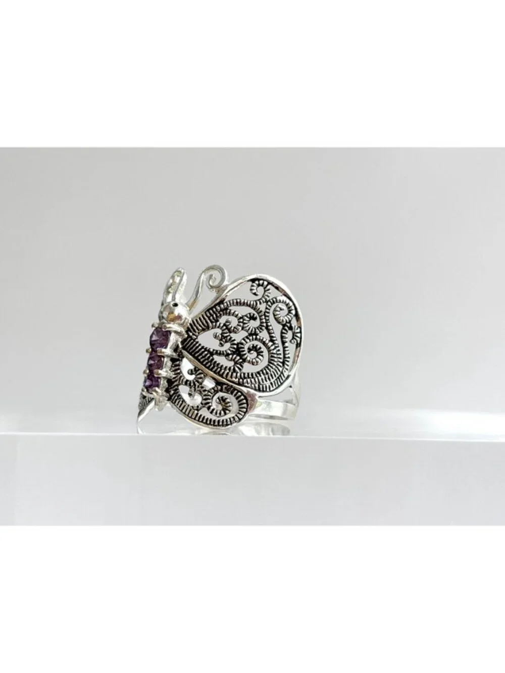 Butterfly Figural Amethyst Gemstone Sterling Silver 925 Vintage Ring - sz 8.5
